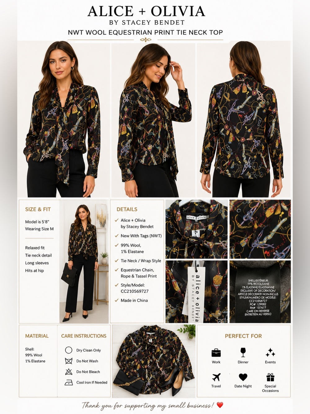 Alice + Olivia Stacey Bendet NWT Wool Equestrian Chain Print Wrap Top M